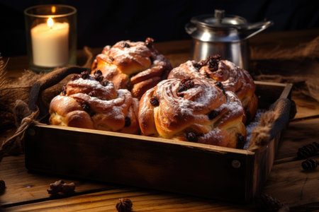 freshly baked cinnamon buns on a rustic wooden trayの素材