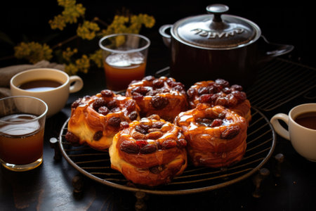 several cinnamon buns on a cooling rack, with a pot of freshly brewed tea nearbyの素材