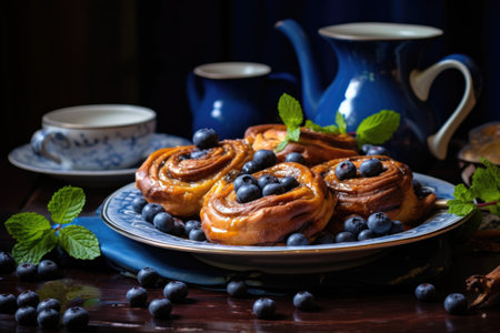 cinnamon buns served with blueberries and mint leaves for breakfastの素材