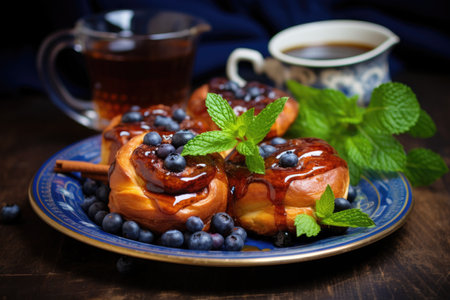 cinnamon buns served with blueberries and mint leaves for breakfastの素材
