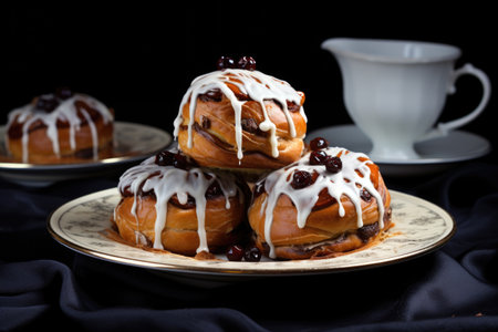 cinnamon buns with melting icing on a white plateの素材