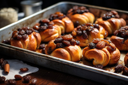 cinnamon buns on a baking sheet fresh out of the ovenの素材