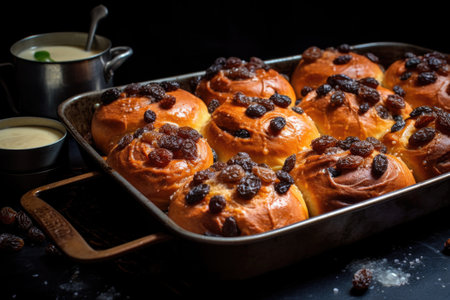 cinnamon buns on a baking sheet fresh out of the ovenの素材