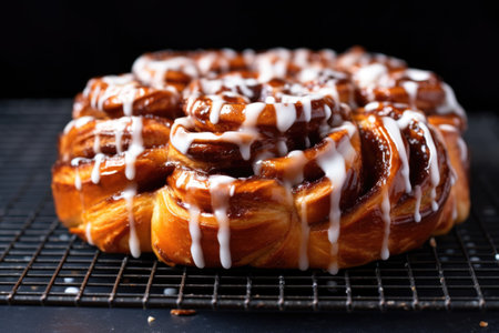 close-up of freshly baked cinnamon bun on a cooling rackの素材
