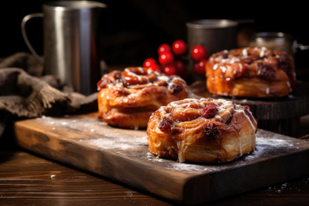 freshly baked cinnamon buns on a rustic wooden table, dusted with sugarの素材