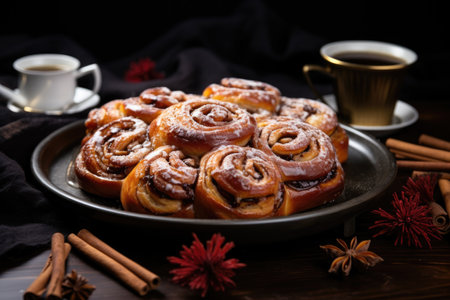 cinnamon buns paired with whole cinnamon sticks and star aniseの素材