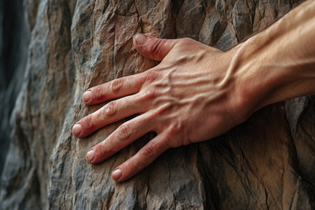 close-up shot of a climbers hands gripping a rocky cliffの素材