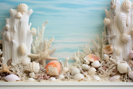 detail of a white fireplace mantel with seashell and lighthouse figurinesの素材