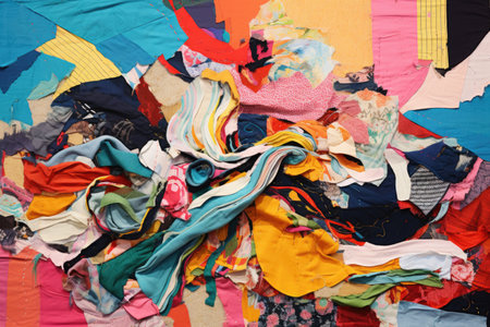 a collage of colorful scrap fabrics on a flat surfaceの素材