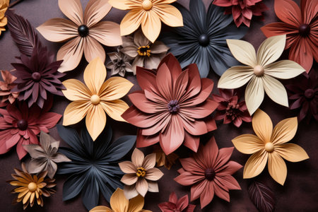 a flat lay of a flower design crafted from scrap leather piecesの素材