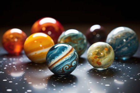 marbles as planets in a miniature solar systemの素材