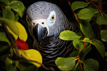 an african grey parrot peering curiously from behind lush leavesの素材