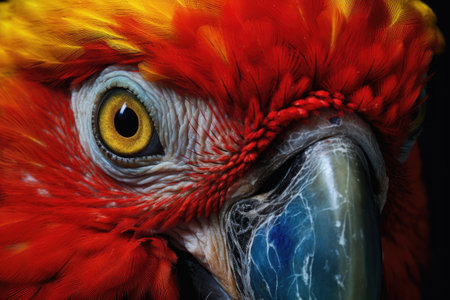close-up of a parrots eye, surrounded by its vibrant plumageの素材