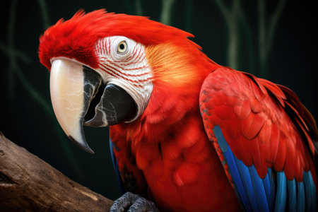 close-up of a scarlet macaw perched on a tropical tree branchの素材