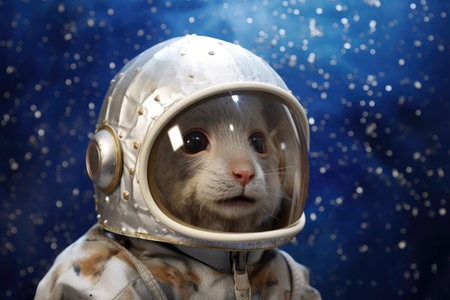 mouse with foil helmet, standing on a starry backgroundの素材