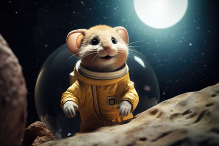 a mouse in a miniature astronaut suit on a cheese moonの素材