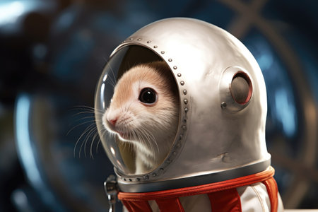 a mouse in a tiny space helmet, standing by a model rocketの素材