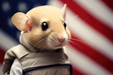 a mouse in an astronaut suit standing next to a tiny american flagの素材