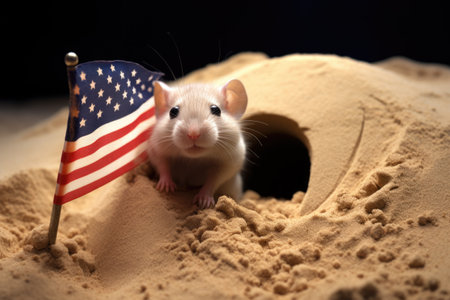 mouse with a small american flag on a sandy surface, mimicking moon landingの素材