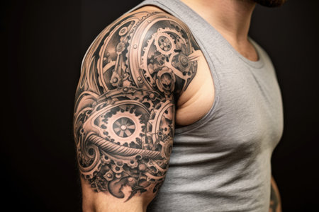detailed shot of a revolver tattoo with cowboy elementsの素材