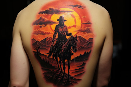 detailed tattoo of a cowboy on horseback against sunsetの素材