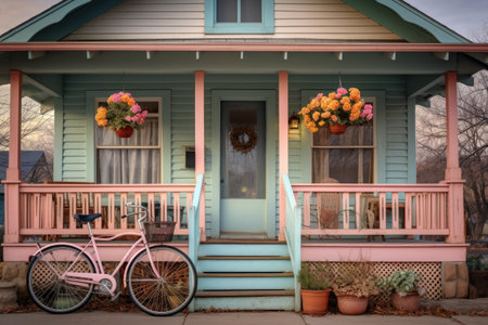 a craftsman house painted in pastel colors with a vintage bicycle on the porchの素材