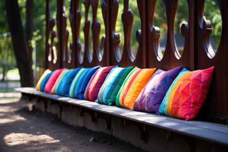 a line of bright, multi-colored cushions on a park benchの素材