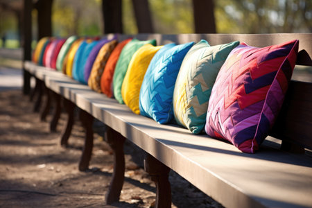 a line of bright, multi-colored cushions on a park benchの素材