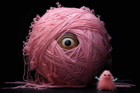 a small pink monster tangled in a ball of yarnの素材