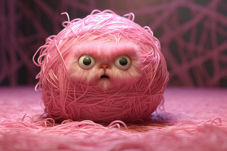 a small pink monster tangled in a ball of yarnの素材