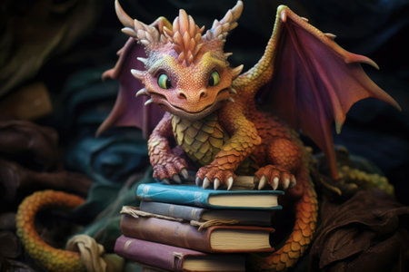 a small dragon figurine on a stack of fantasy booksの素材