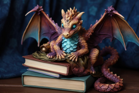 a small dragon figurine on a stack of fantasy booksの素材