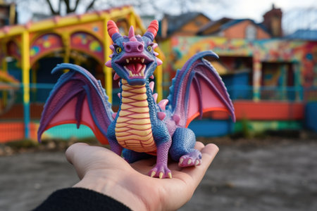 toy dragon in a kids hand, set against a playground backdropの素材