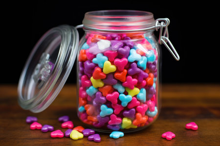 unicorn sticker on a jar filled with candy heartsの素材