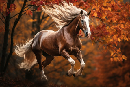 a horse prancing with fall foliage in the backgroundの素材