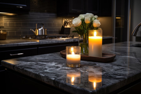 a lit candle on a dark marble countertop with stainless steel appliances in the backgroundの素材