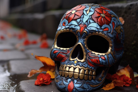 close-up of a detailed day of the dead mask on a cobblestone streetの素材