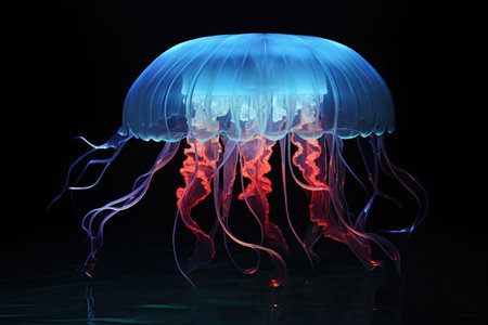close-up of a bioluminescent jellyfish against the dark ocean depthsの素材