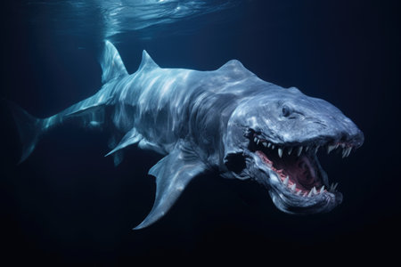a rare frilled shark, its long body curving through the deep waterの素材