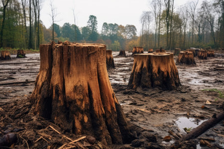 close-up of tree stumps in a deforested areaの素材