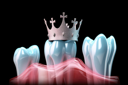 close-up of a dental crown with an x-ray of a tooth in the backgroundの素材