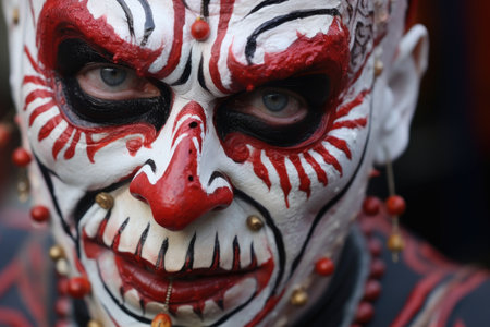 a detailed close-up shot of a devils mask with red, black, and white face paintの素材