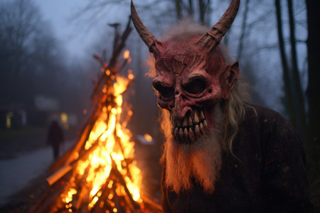 a grizzled elderly man, wearing a devils mask, standing by a bonfireの素材