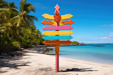 brightly painted directional sign on a tropical beachの素材