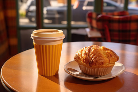 a paper coffee cup with a lid, placed next to a pastry on a cafe tableの素材