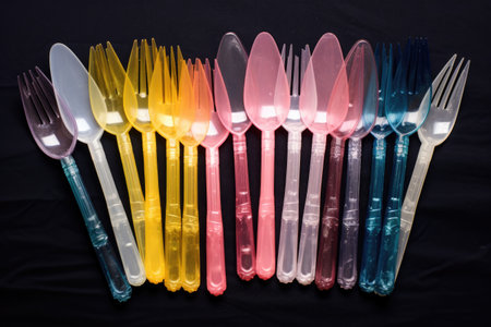 disposable plastic cutlery sorted by type forks, spoons, knivesの素材