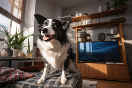 a border collie with vr glasses in a modern living room setupの素材