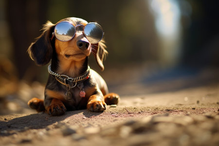 a dachshund with a leash, wearing round sunglassesの素材