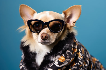 a chihuahua wearing oversized sunglasses and a leopard print coatの素材