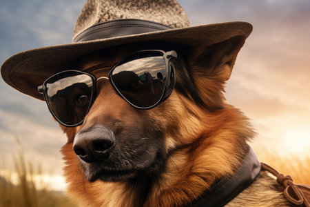 a german shepherd wearing sunglasses and a police hatの素材